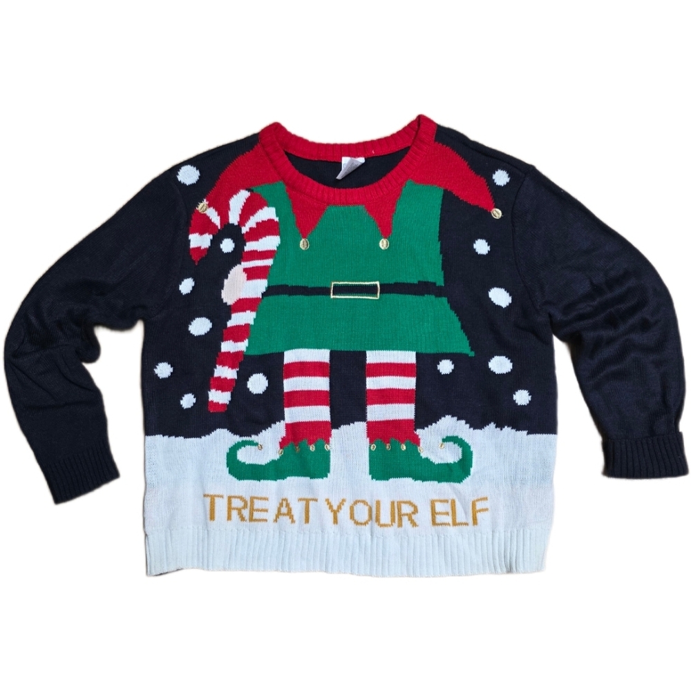 Holiday Classics Treat Your Elf Christmas Ugly Sweater Womens Large Black Green